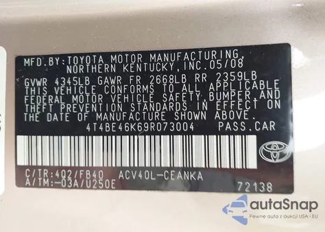 2009 Toyota Camry Le из США, поврежденный, VIN 4T4BE46K69R073004